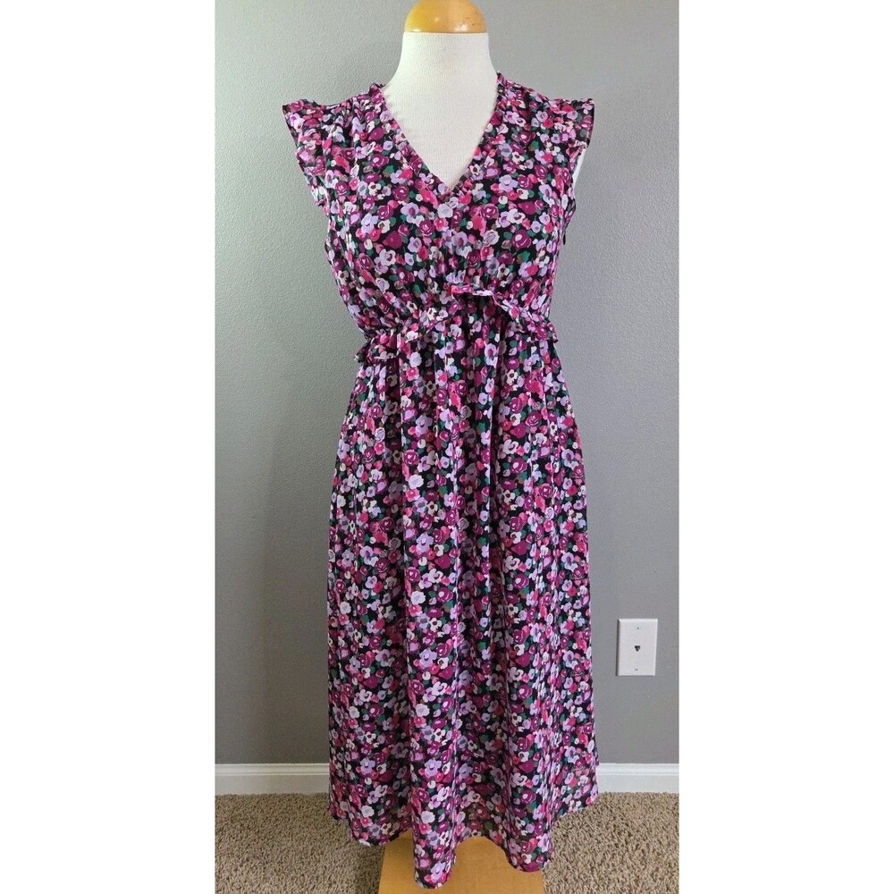 J.Crew V-Neck Ruffled Sleeveless Cottage-core Floral Chiffon Midi Dress
